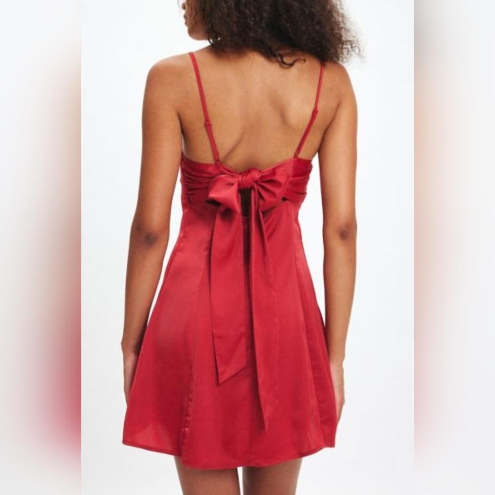 UO Red Bow-Back Satin Mini Dress